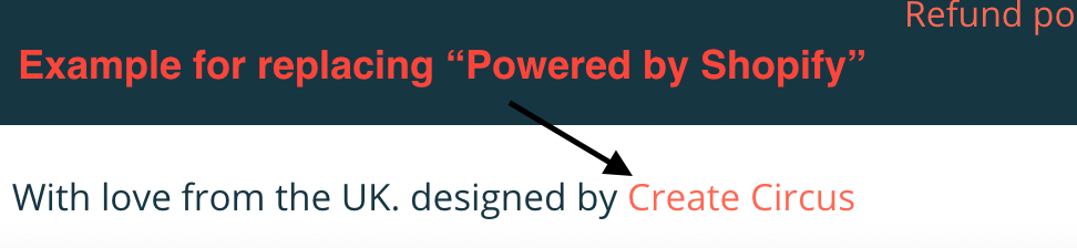 Screenshot of a Shopify website built by Create Circus. Here, we remove 'Powered by Shopify' and replace it with 'Designed by Create Circus.'