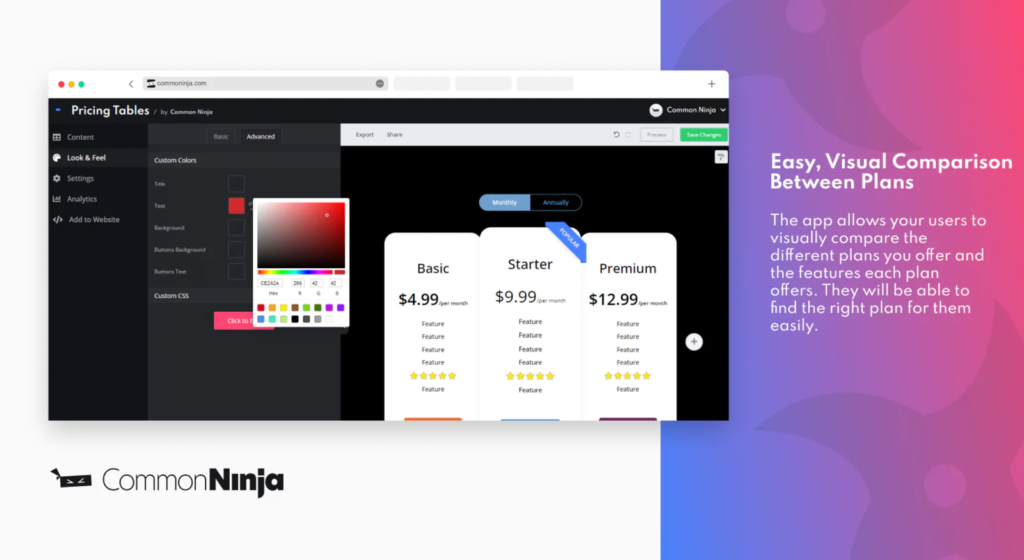 The easiest way to add a pricing table to your shopify website is through CommonNinja's App