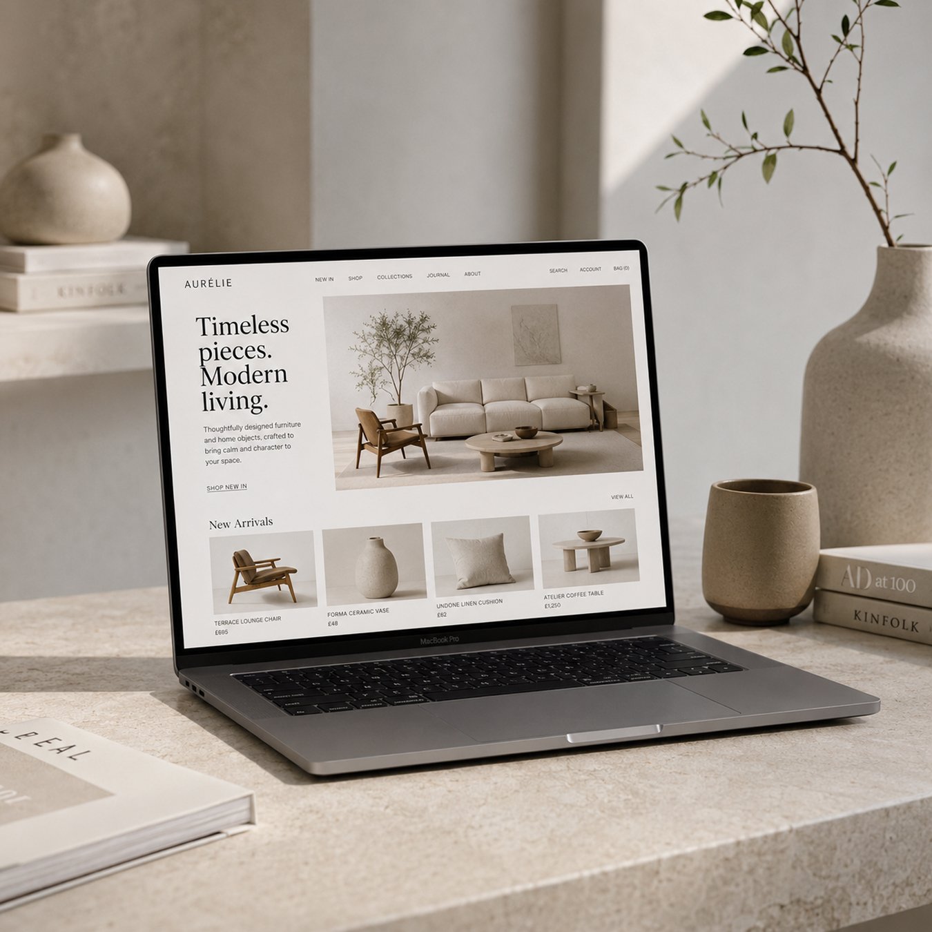 Modern ecommerce furniture website displayed on a laptop in a minimal editorial workspace