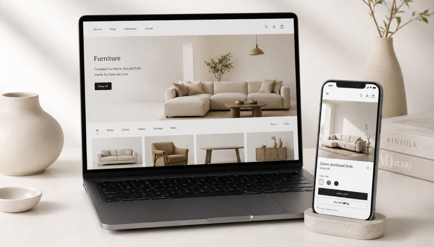 Modern ecommerce furniture website shown across desktop and mobile shopping experiences