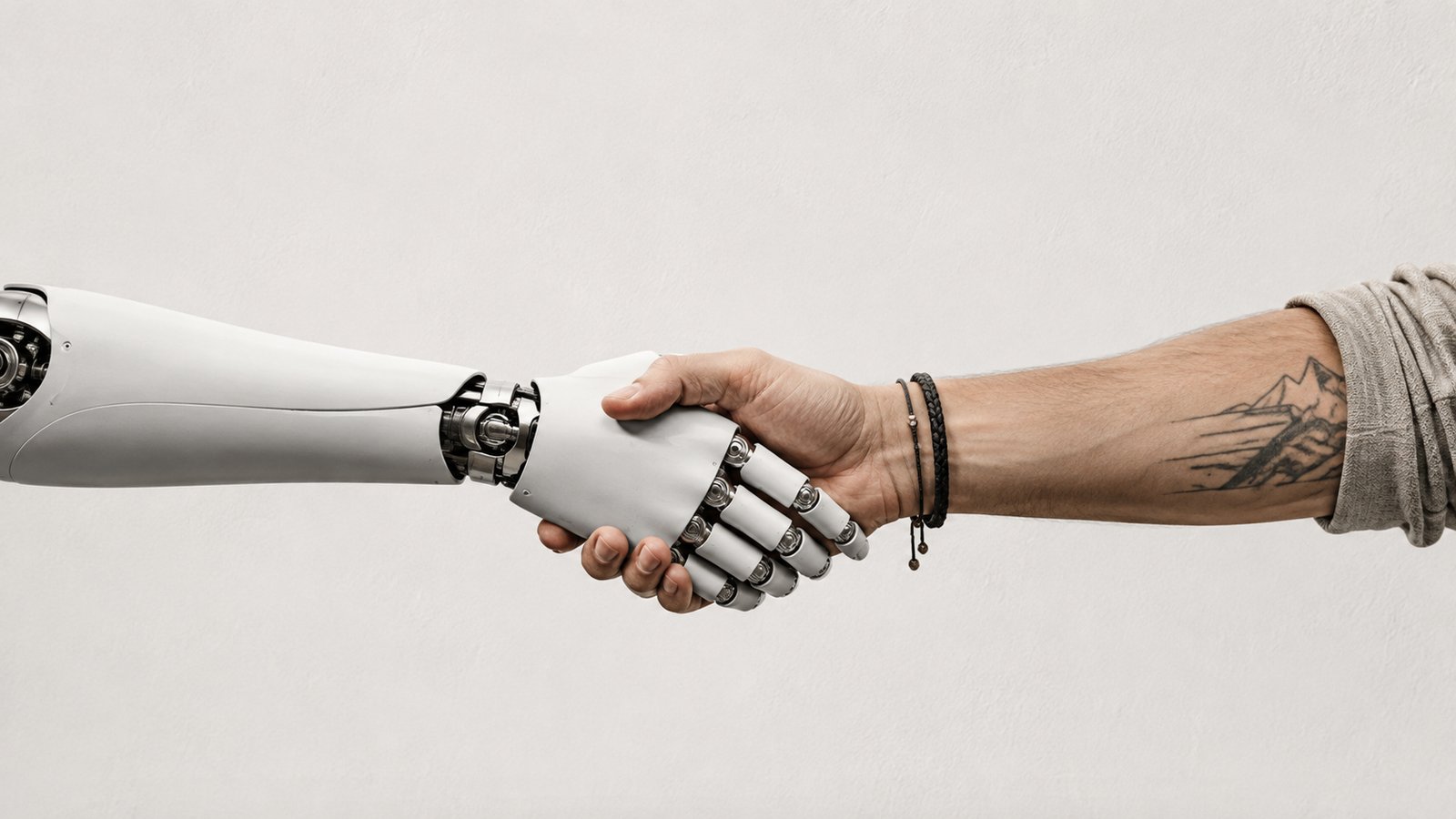 Human and AI working together in ecommerce through a handshake between a person and a robot