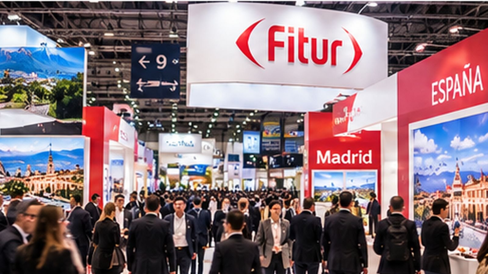 Tourism professionals walking through international destination exhibits at FITUR Madrid