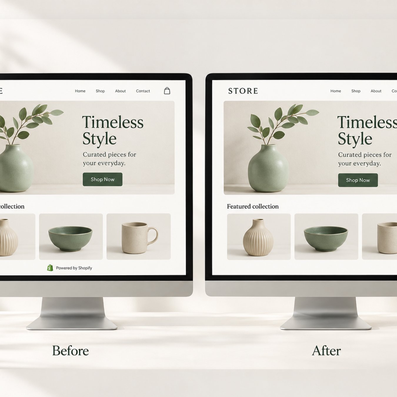 Side-by-side storefront comparison before and after removing the Powered by Shopify footer credit.