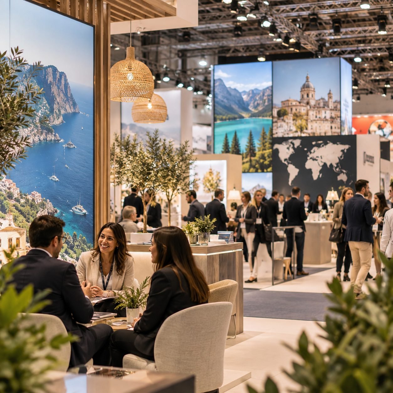 Travel and tourism professionals networking at an international industry event