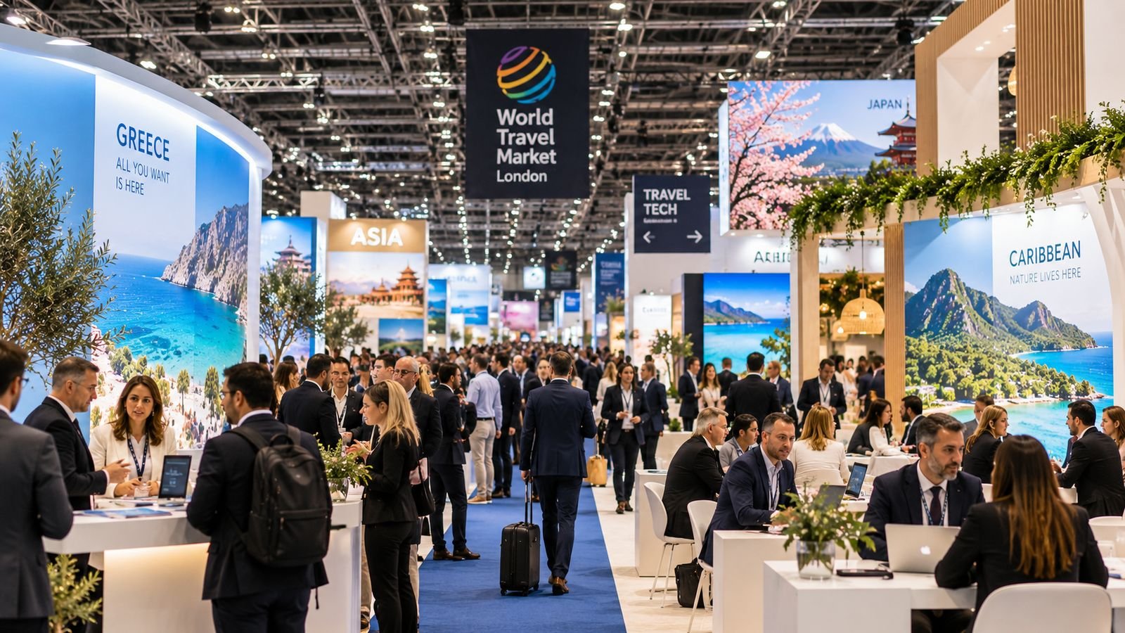 Travel industry professionals networking among international destination exhibitors at World Travel Market London